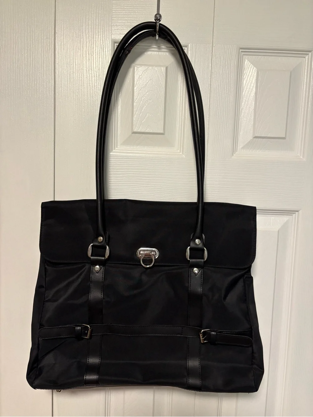 NWOT Classic Black NylonTote Bag with Silver Tone Closure - Sleek Everyday Carry